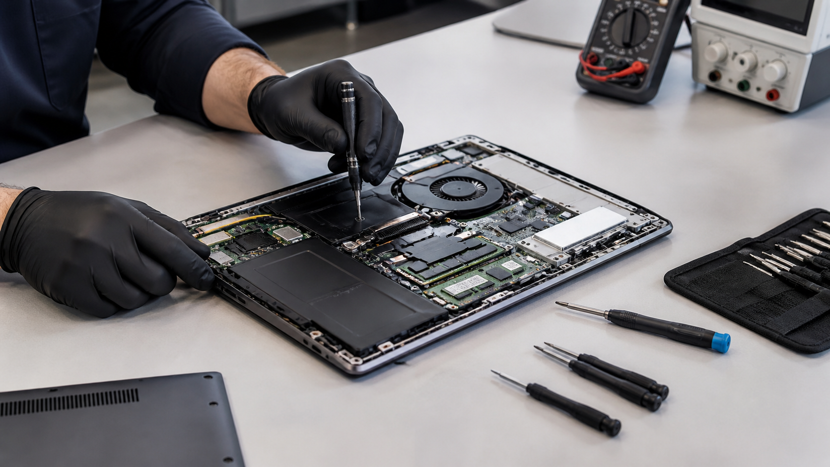 Diagnóstico técnico de equipo en mesa de trabajo